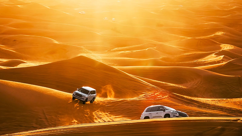 Two SUVs drive across golden sand dunes under bright sunlight in a desert landscape.