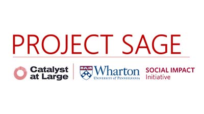 Project Sage logo with publishers' Catalsyt at Large and Wharton Social Impact Initiative logos.